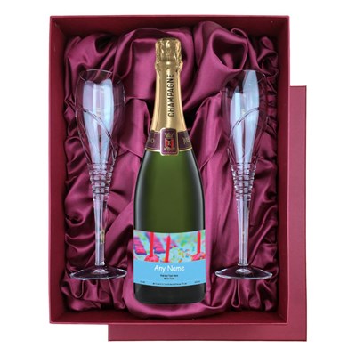 Personalised Champagne - Cake & Candles Label in Red Luxury Presentation Set With Flutes
